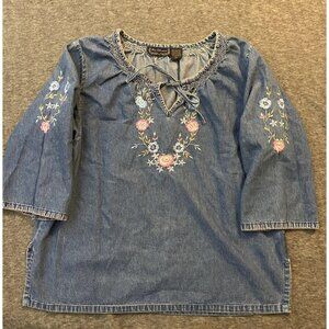 Vtg New Direction Shirt Womens XL Blue Denim Embroidered V Neck 3/4 Sleeve Tunic